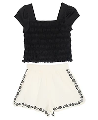 Tween Diva Girls' 7-16 Smocked Top and Embroidered Gauze Shorts, 2-Piece Set