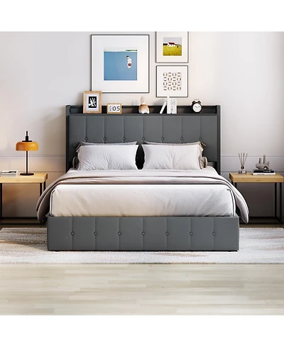 gaomon Upholstered Bed with Button Tufted Wingback Storage Headboard