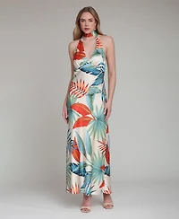 Avec Les Filles Women's Printed Halter Scarf-Tie Maxi Dress