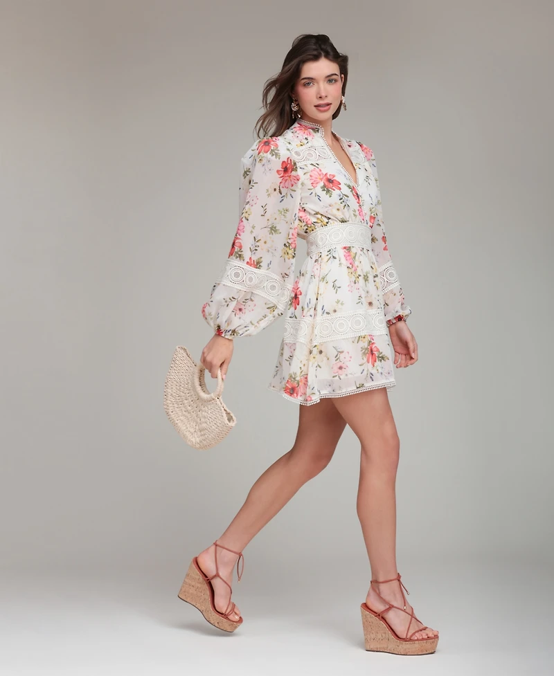 Avec Les Filles Women's Floral-Print Lace-Trim Chiffon Dress