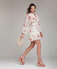 Avec Les Filles Women's Floral-Print Lace-Trim Chiffon Dress