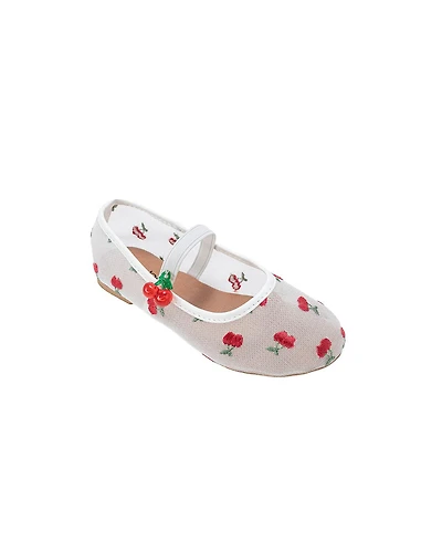 Bebe Girl's Mesh Ballet Mary Jane Shoes - Comfortable Dress Flats with Embroidered Cherry Accents