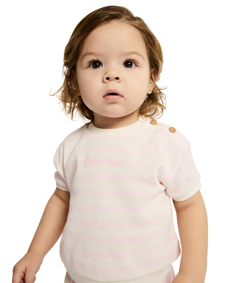 Calvin Klein Baby Girls' Top and Striped Waffle Knit Bloomer Set, 2-Piece Set