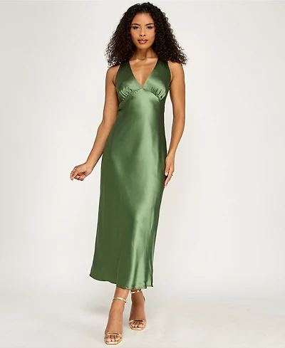 Emerald Sundae Juniors' V-Neck A-Line Satin Midi Dress