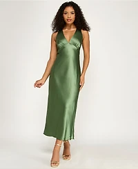 Emerald Sundae Juniors' V-Neck A-Line Satin Midi Dress
