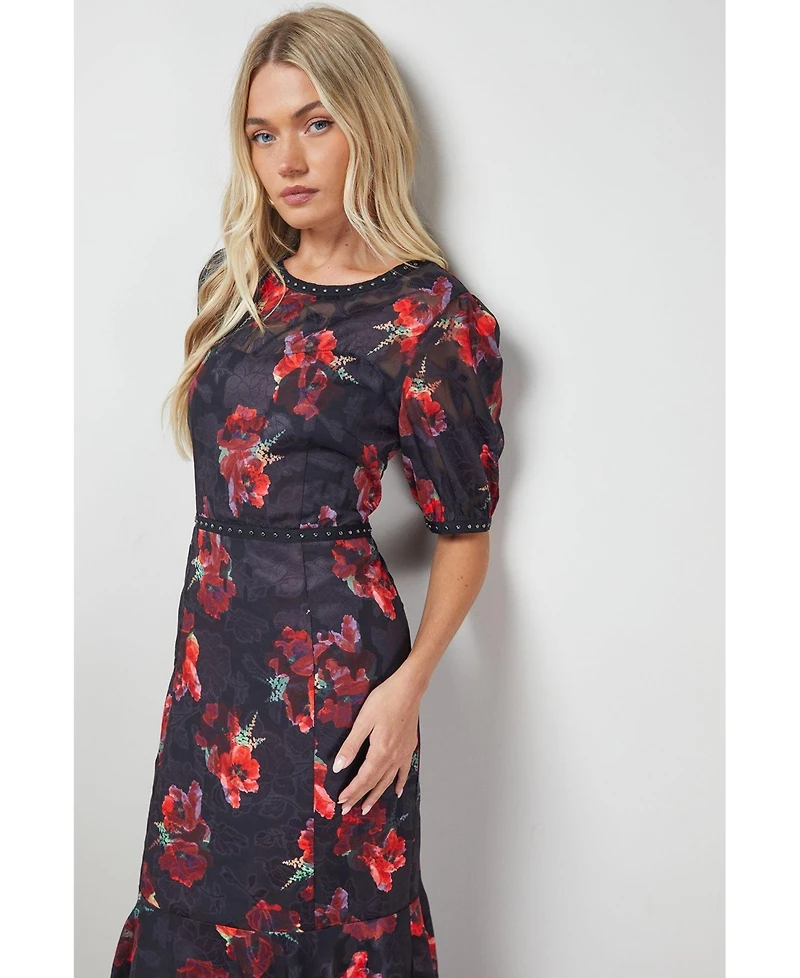 Oasis Women's Floral Stud Trim Puff Sleeve Midi Dress