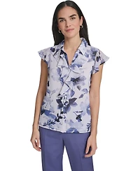 Calvin Klein Women's Printed Cap-Sleeve Ruffle Front Top