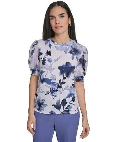 Calvin Klein Women's Mixed Media Floral Short-Sleeve Top