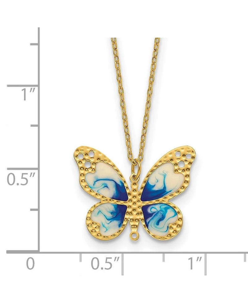 Curata Jewelry Solid 14k Yellow Gold 18 Inch Italian Blue Enamel Textured Butterfly Necklace