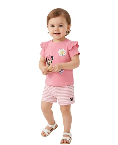 Disney Baby Girls' Short-Sleeve T-Shirt and Striped Shorts, 2-Piece Set