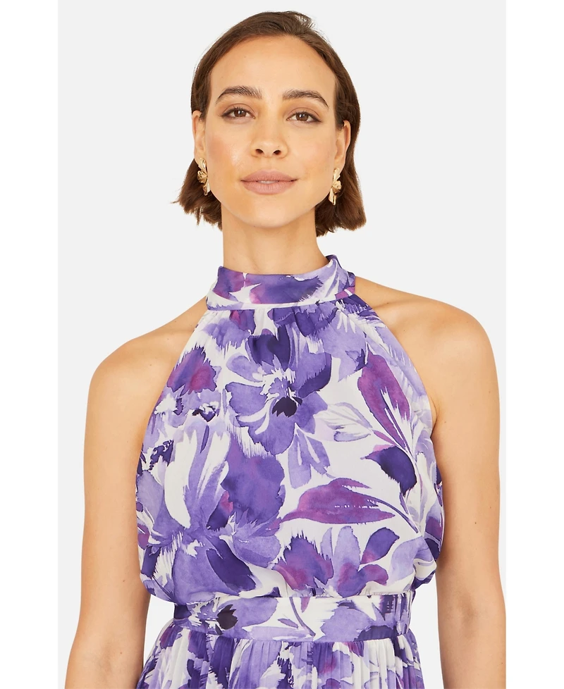 Yumi Women's Floral Halter Neck Pleated Midi Dress
