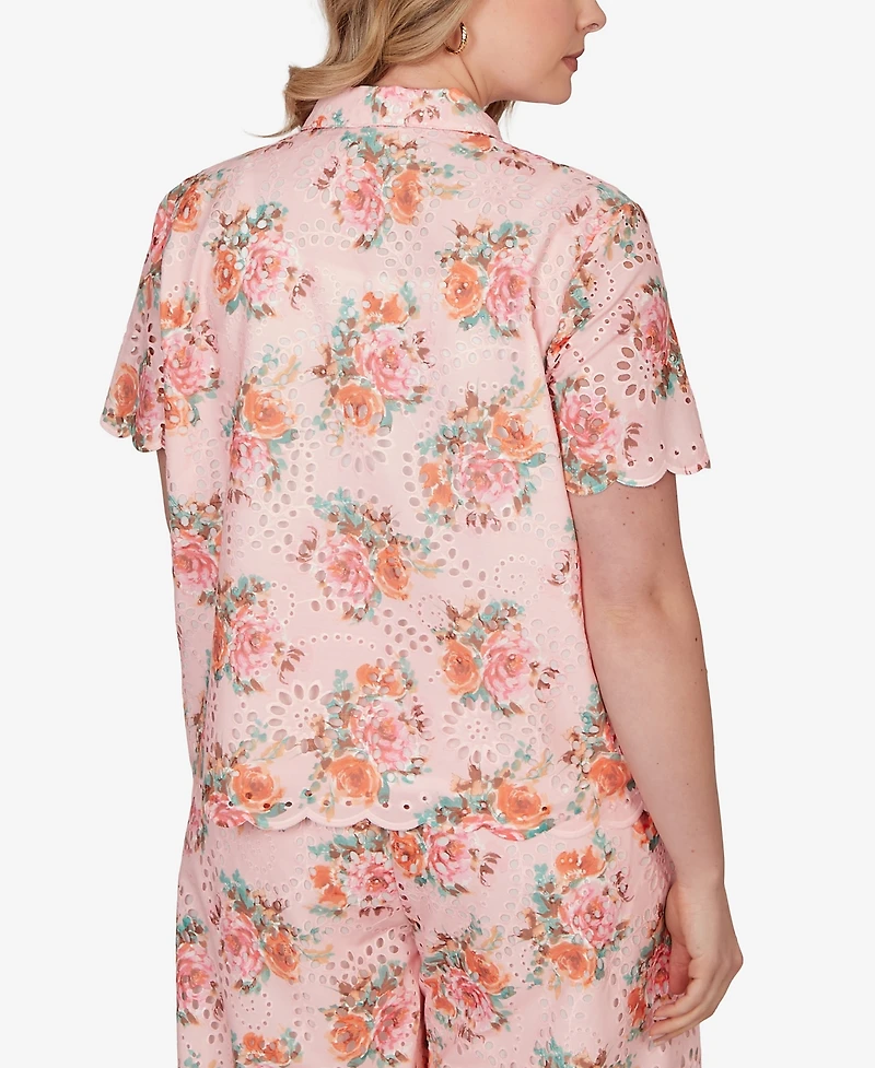 Ruby Rd. Plus Floral Scalloped Hem Camp Shirt
