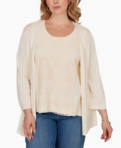 Ruby Rd. Plus Crochet Back Open Front Cardigan Sweater