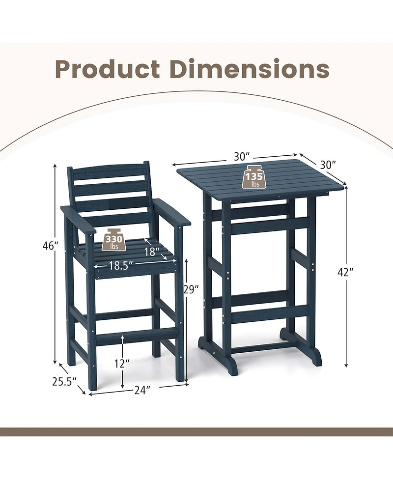 3-Piece Patio Hdpe Bar Set Armchairs with Square High-Top Table