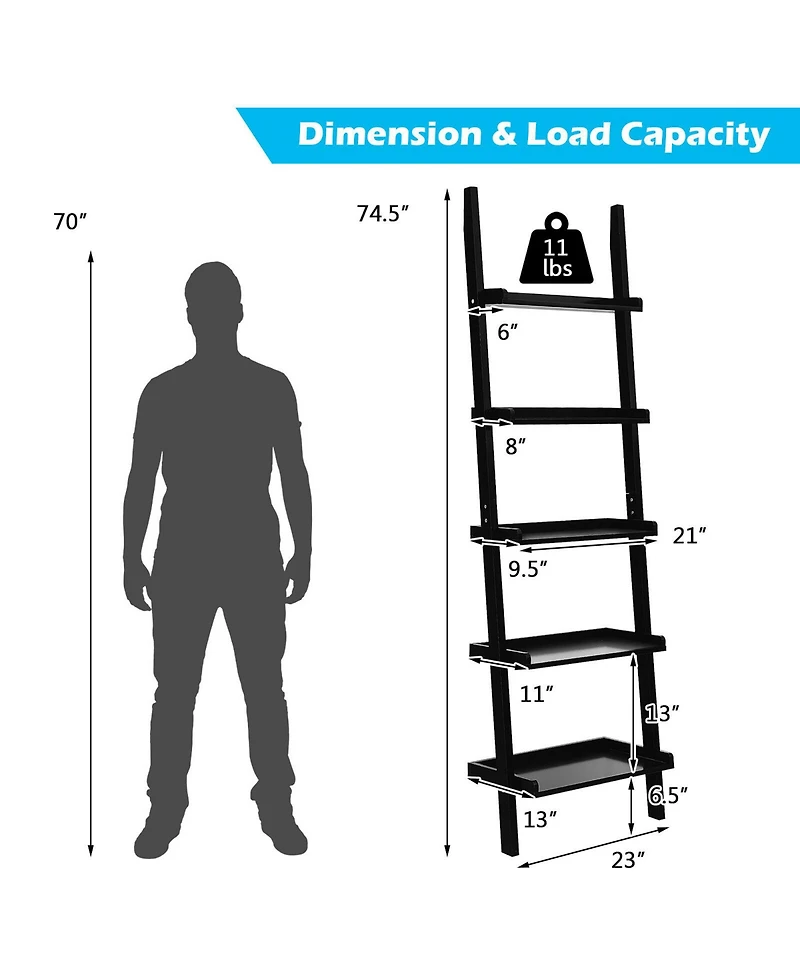 Costway Ladder Shelf 5-Tier Plant Stand Wall-leaning Bookcase Display Rack