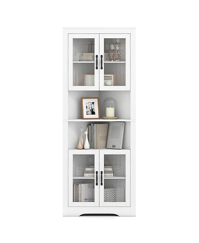 67" Tall Corner Hutch with 4 Fluted Glass Doors 3-Level Adjustable Shelves