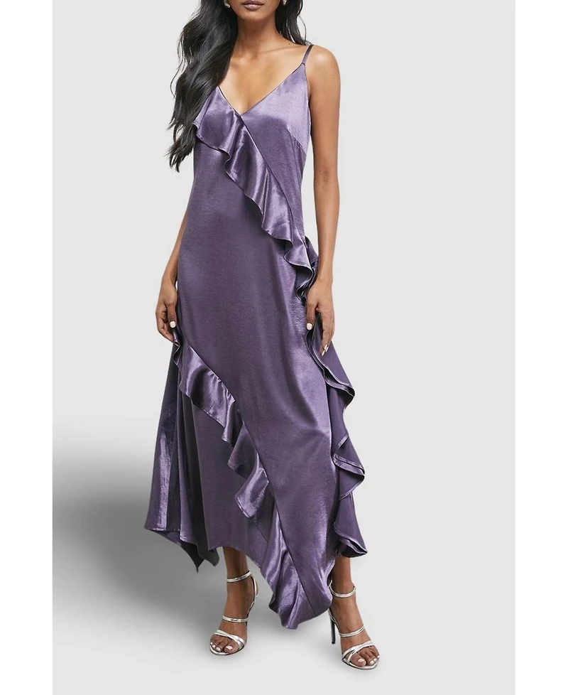 Warehouse Women's Metallic Satin Ruffle Midi Slip Dress