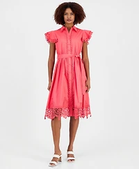 T Tahari Women's Lace-Trim Flutter-Sleeve Shirtdress