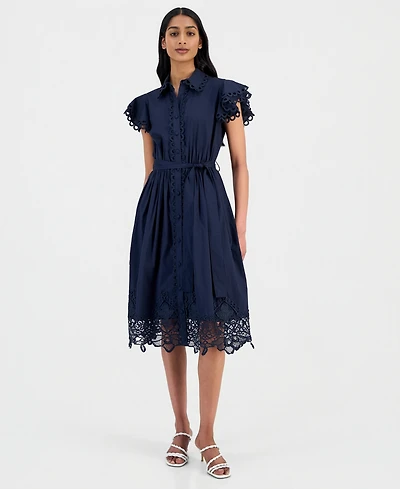 T Tahari Women's Lace-Trim Flutter-Sleeve Shirtdress