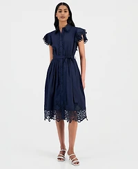 T Tahari Women's Lace-Trim Flutter-Sleeve Shirtdress