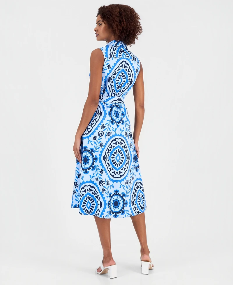 T Tahari Women's Printed Sleeveless Belted Shirtdress