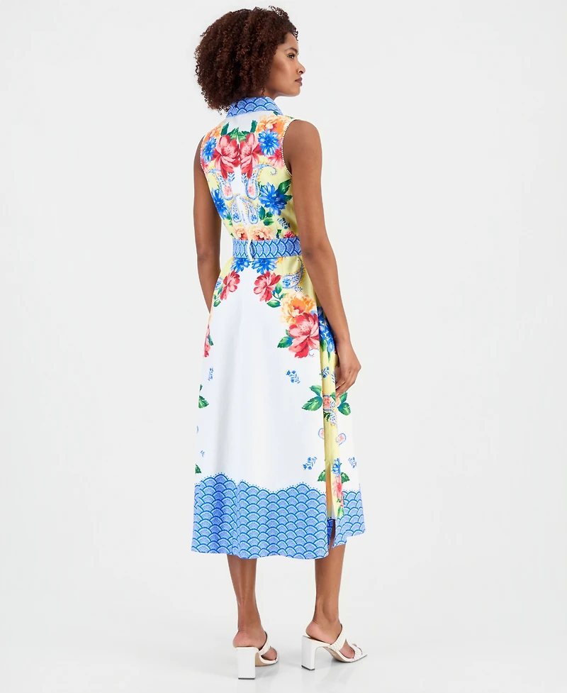 T Tahari Women's Printed Sleeveless Midi Shirtdress