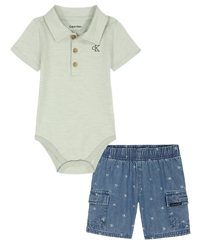 Calvin Klein Baby Boys' Slub Pique Polo Bodysuit & Denim Logo Shorts Set