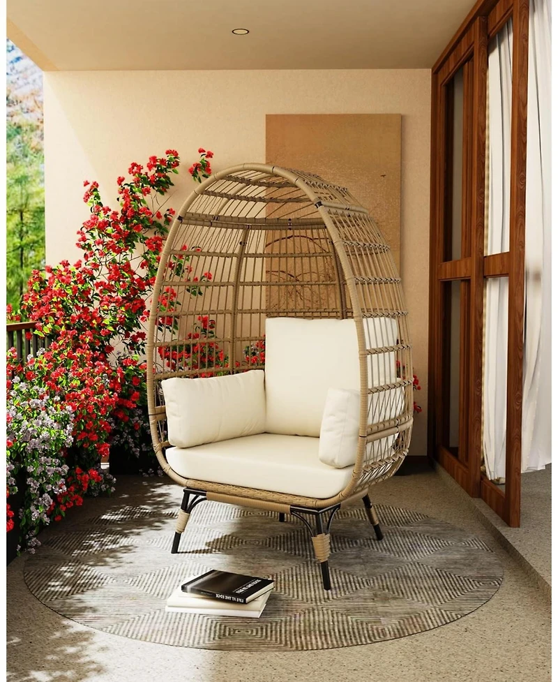 gaomon Oversized Rattan Egg Chair, Indoor/Outdoor Wicker Egg Basket Lounge with Steel Frame & 4 Cushions