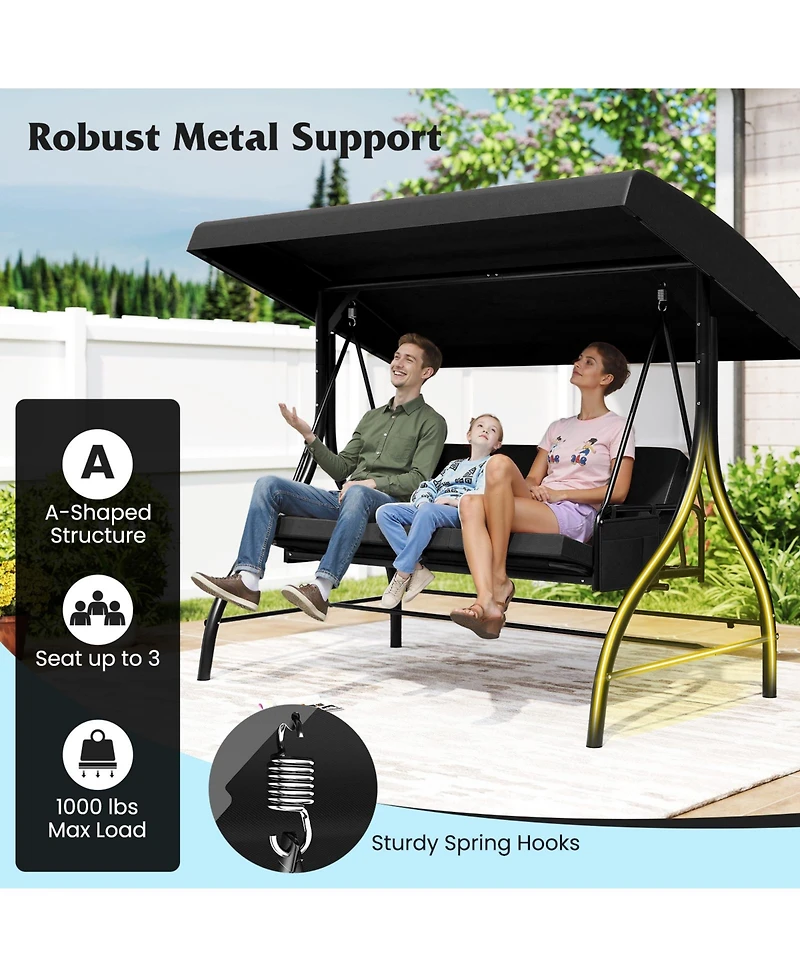 Mecale 3-Piece Patio Swing with Canopy, Removable Cushions & Side Pockets