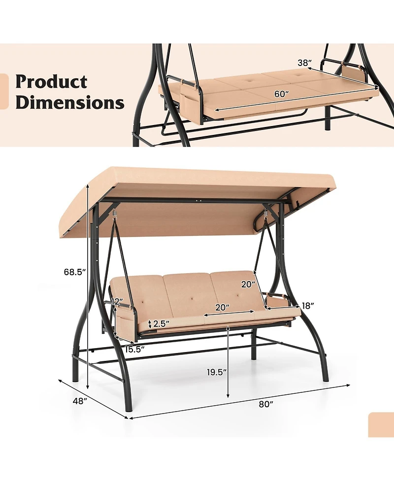 Mecale 3-Piece Patio Swing with Canopy, Removable Cushions & Side Pockets