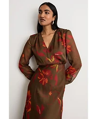 Warehouse Women's Printed V Neck Tie Detail Midi Dress