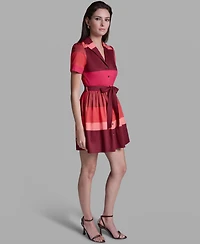 Bcbg Women's Short Sleeve Wide Lapel Cotton Stripe Mini Shirt Dress