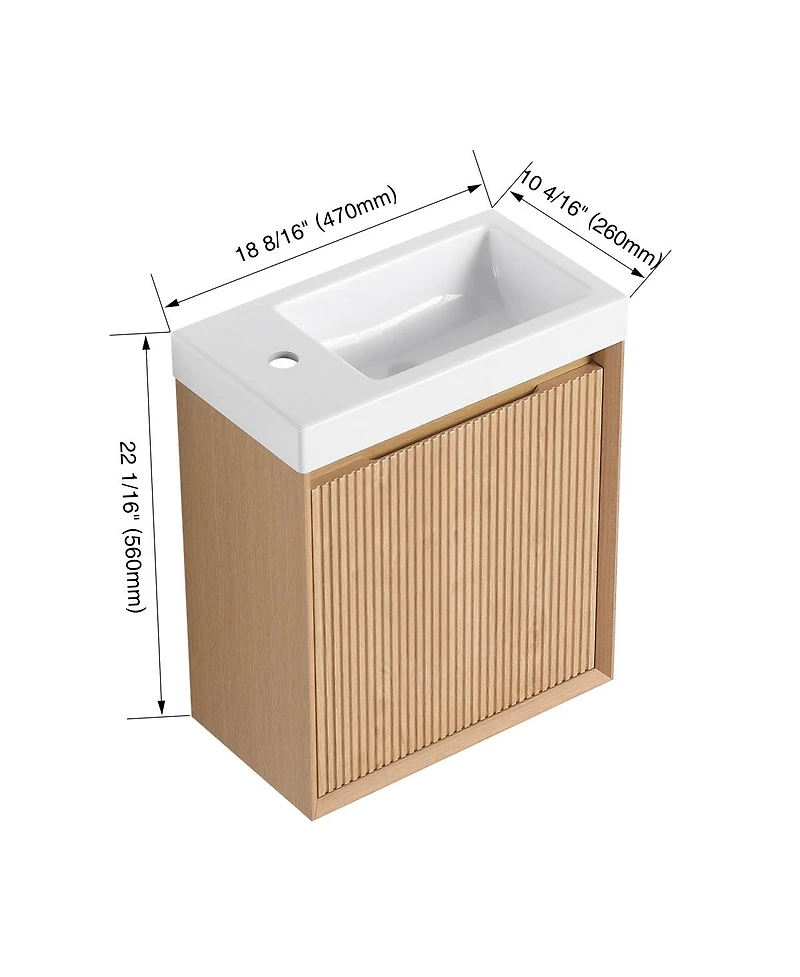 Sillysis Wall Mounted Bathroom Vanity with Resin Sink, Modern 3D Stripe Door & Soft Close, 18.5" Natural Small Space Storage Cabinet
