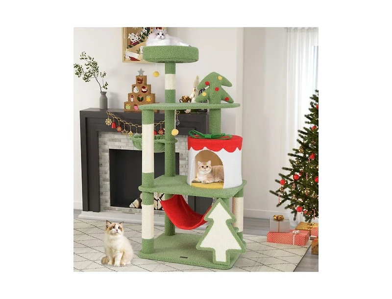 Aostirmotor Christmas Cat Tree with Sisal Scratching Posts & Gift Box Condo, Holiday Pet Furniture