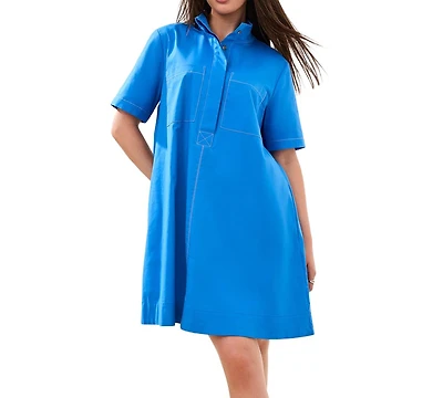 Tribal Women's Button-Front Stretch Poplin A-Line Dress