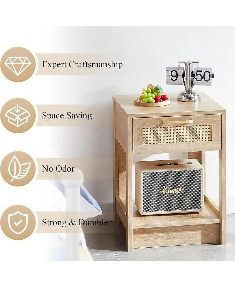 Rainsken Wooden Rattan Nightstand with Drawer and Open Storage Shelf – End Table