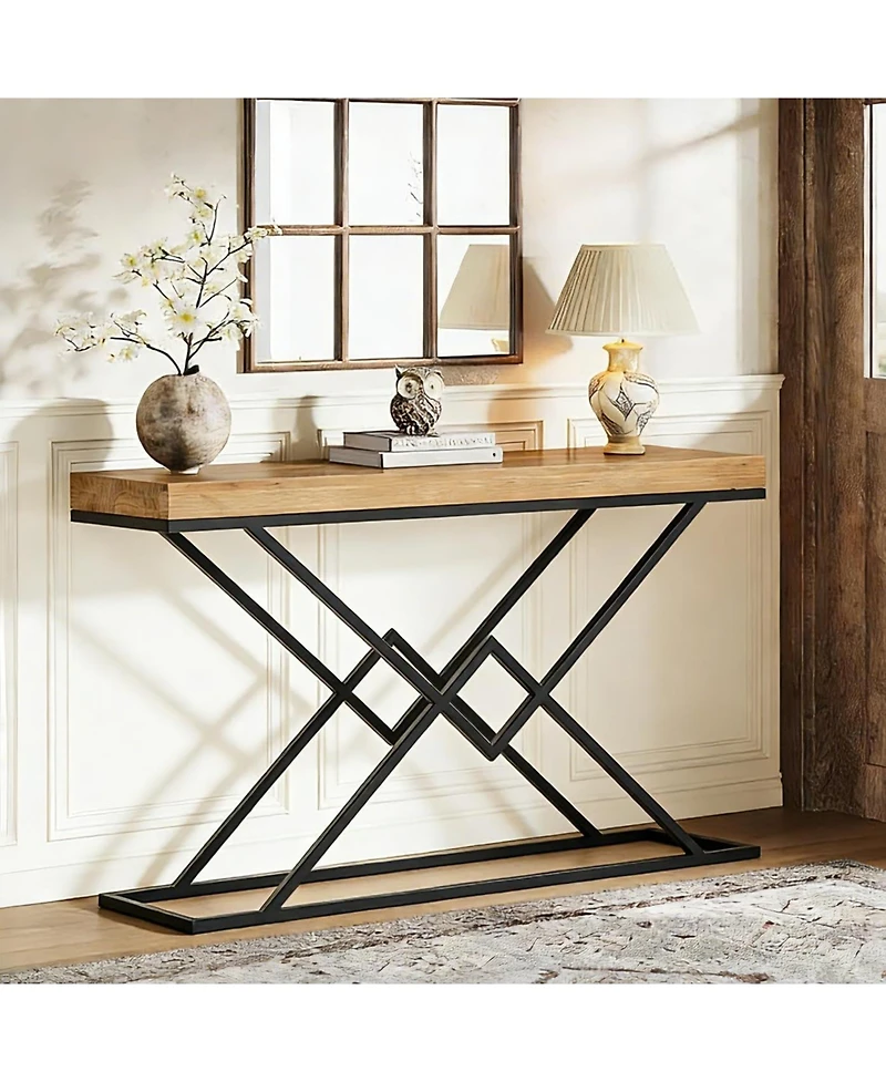 Tribesigns Solid Wood Console Table, 47.2" Industrial Entryway Table with Geometric Metal Frame