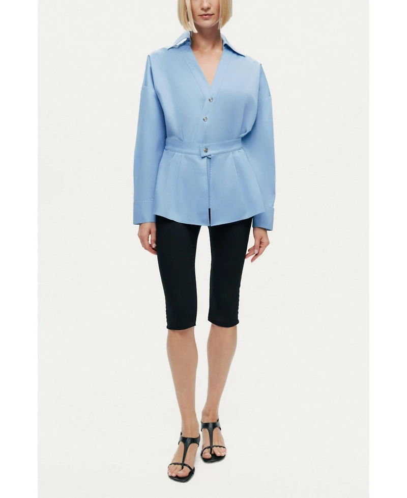 Nocturne Women's Belted V-Neck Poplin Shirt