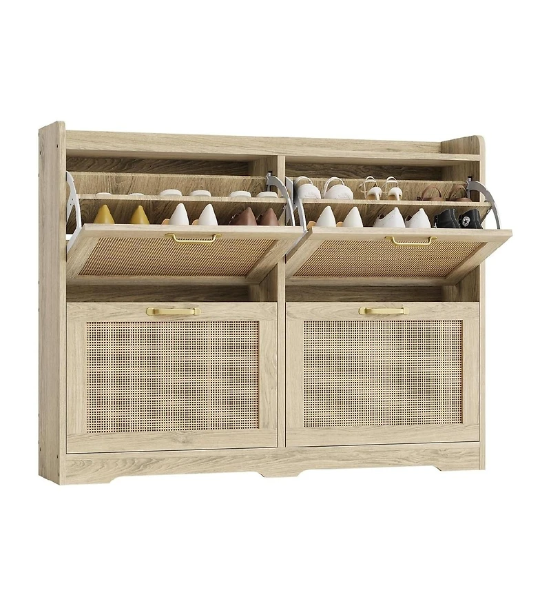 gaomon Rattan Shoe Storage Cabinet with 4 Flip Drawers, Hidden Shoe Storage Organizer Cabinet, Wide Freestanding Wood Breathable Shoe Rack Cabinet