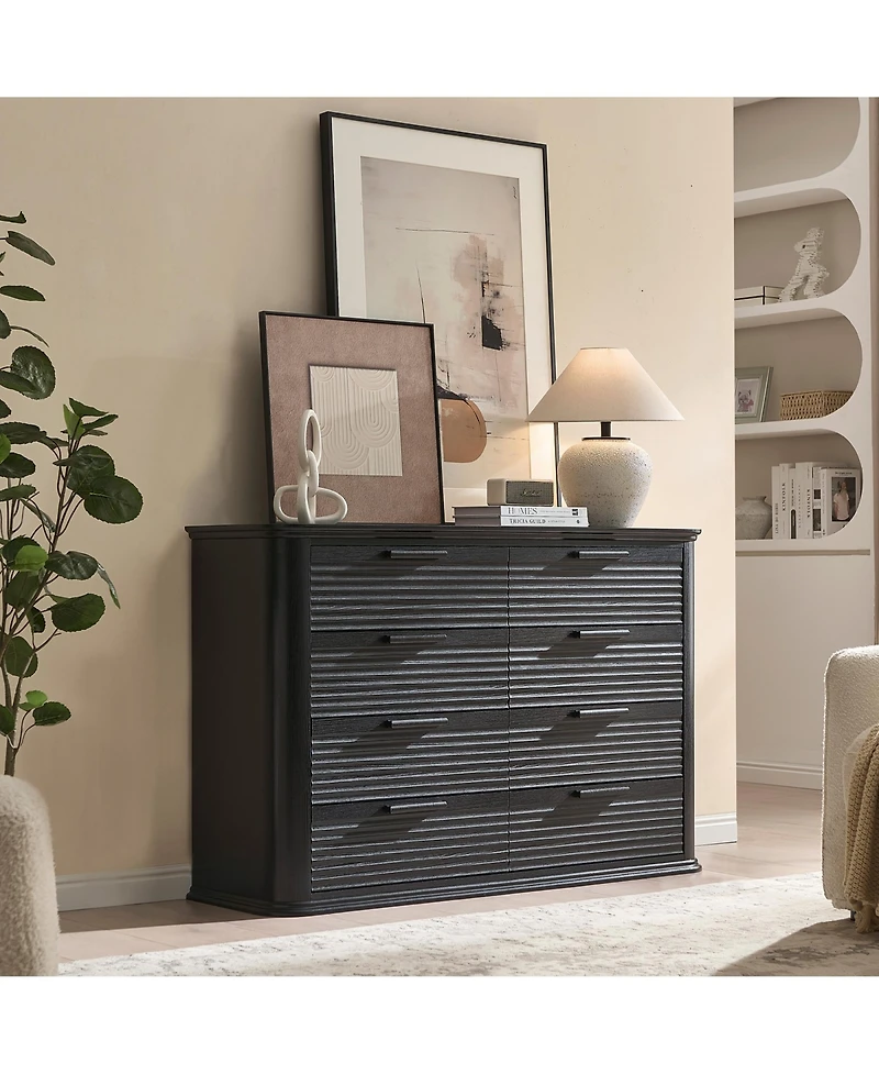 Rainsken Fluted 8 Drawer Dresser, Modern Wood Chest of Drawers with Curved Profile Design, Storage Organizer for Bedroom and Living Room