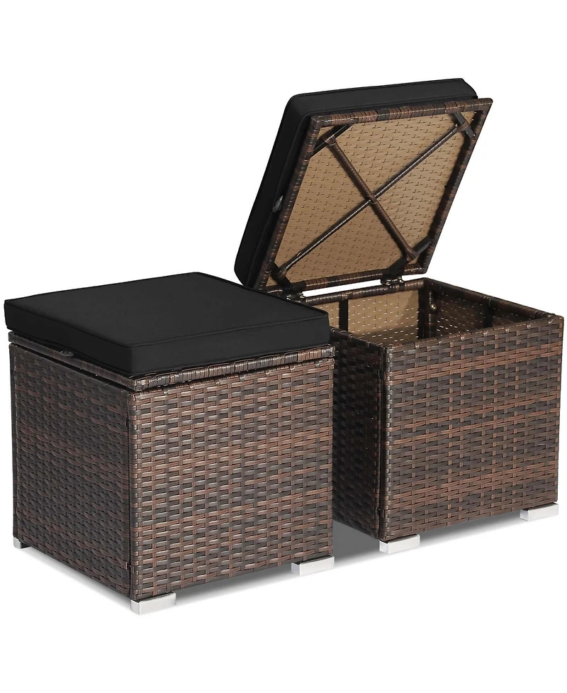 Gymax 2PCS Rattan Ottomans Seat Side Table Storage Box Footstool w/ Black Cushion Patio