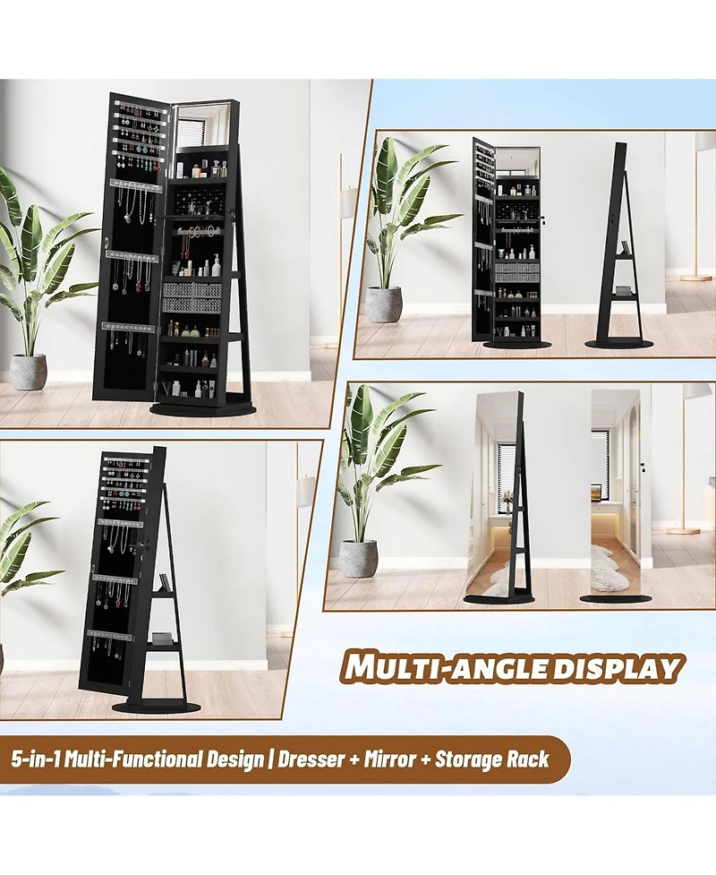 Rainsken 360° Swivel Lockable Rattan Jewelry Cabinet with Full Length Mirror and Display Shelves