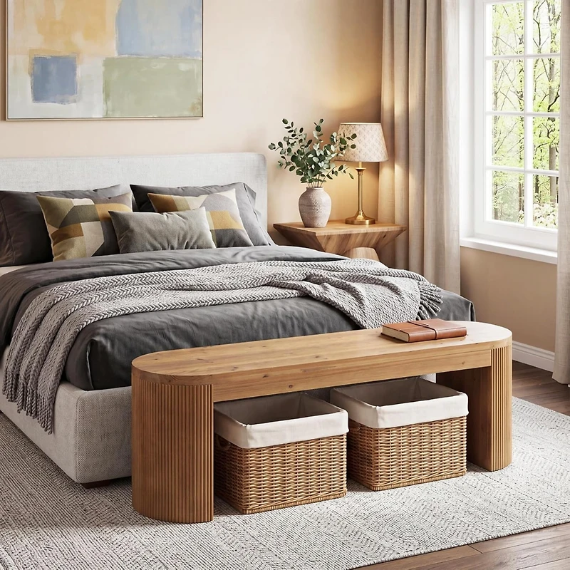 Tribesigns 55" Solid Wood Entryway Bench, Upholstered Bedroom Bench with Faux Lamb Wool, Dining Bench