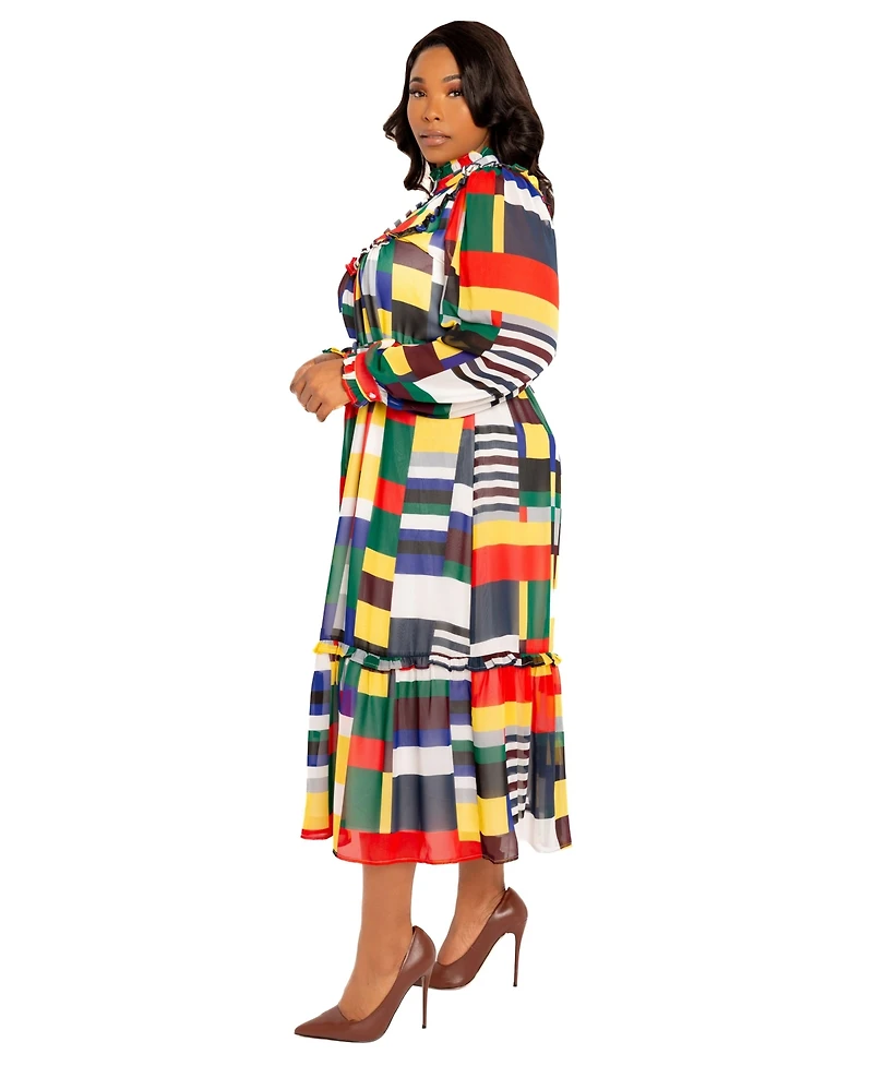 Buxom Couture Plus Plaid Ruffle Collar Shirt Dress