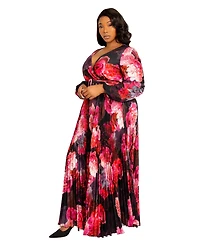 Buxom Couture Plus Women's Floral Pleated Maxi Dress with Belt