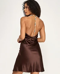 Seni & Cade Juniors' Beaded Strap Drape Front Satin Slim Dress