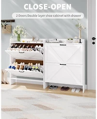 gaomon Shoe Storage Cabinet with 2 Flip Drawers, Freestanding Shoe Organizer with Wooden Legs for Entryway, Farmhouse Slim Shoe Storage Cabinet, Black