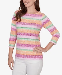 Ruby Rd. Petite Stripe Medallion Boat Neck Knit Top