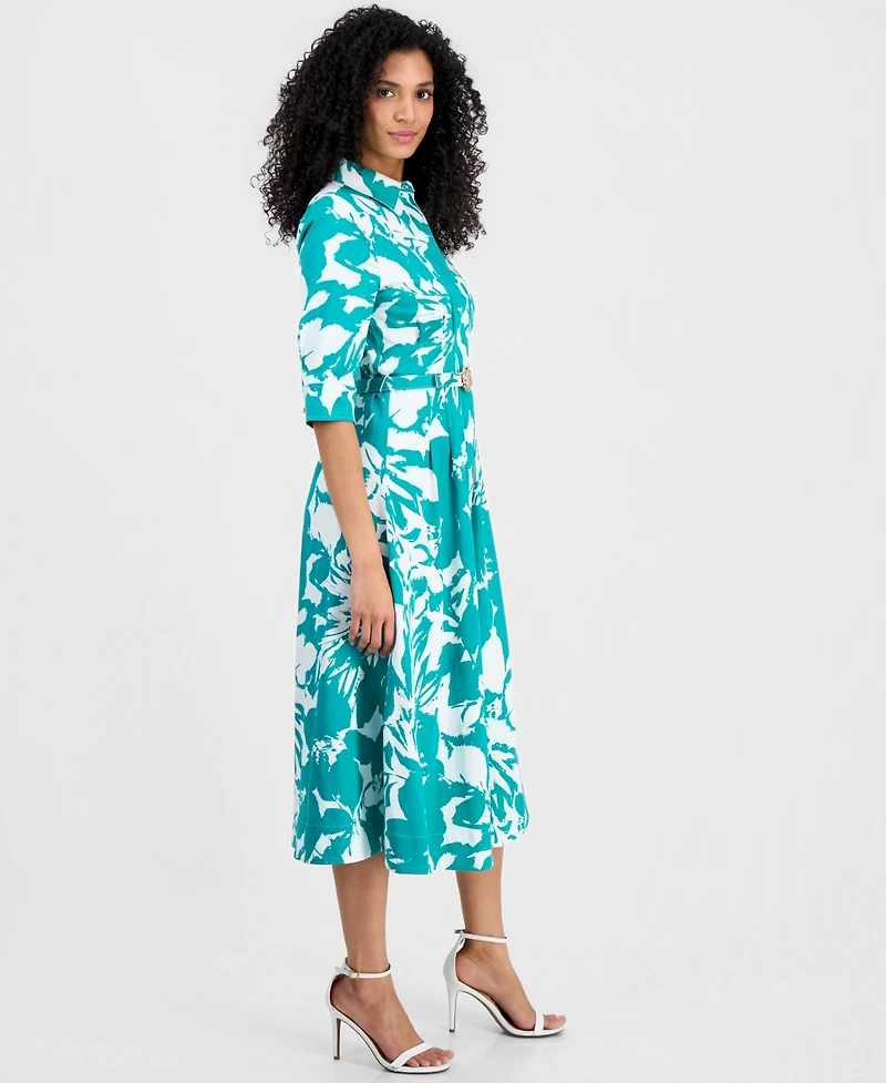 Anne Klein Women's Elbow-Sleeve Waist Tuck Midi Shirtdress