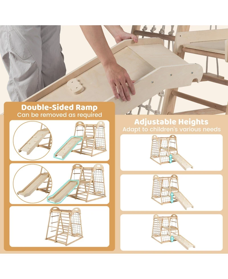 Mecale 8-in-1 Montessori Wooden Jungle Gym Climber with Slide, Monkey Bar & Play Features for Active Kids